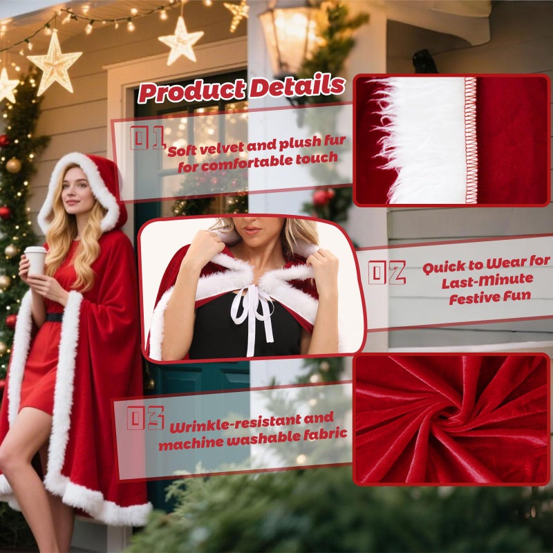 UDYR Women Santa Cloak Mrs Claus Costume Cape Hooded Robe, Christmas Cosplay Costume for Girl, Women(Red Adult) - Image 4